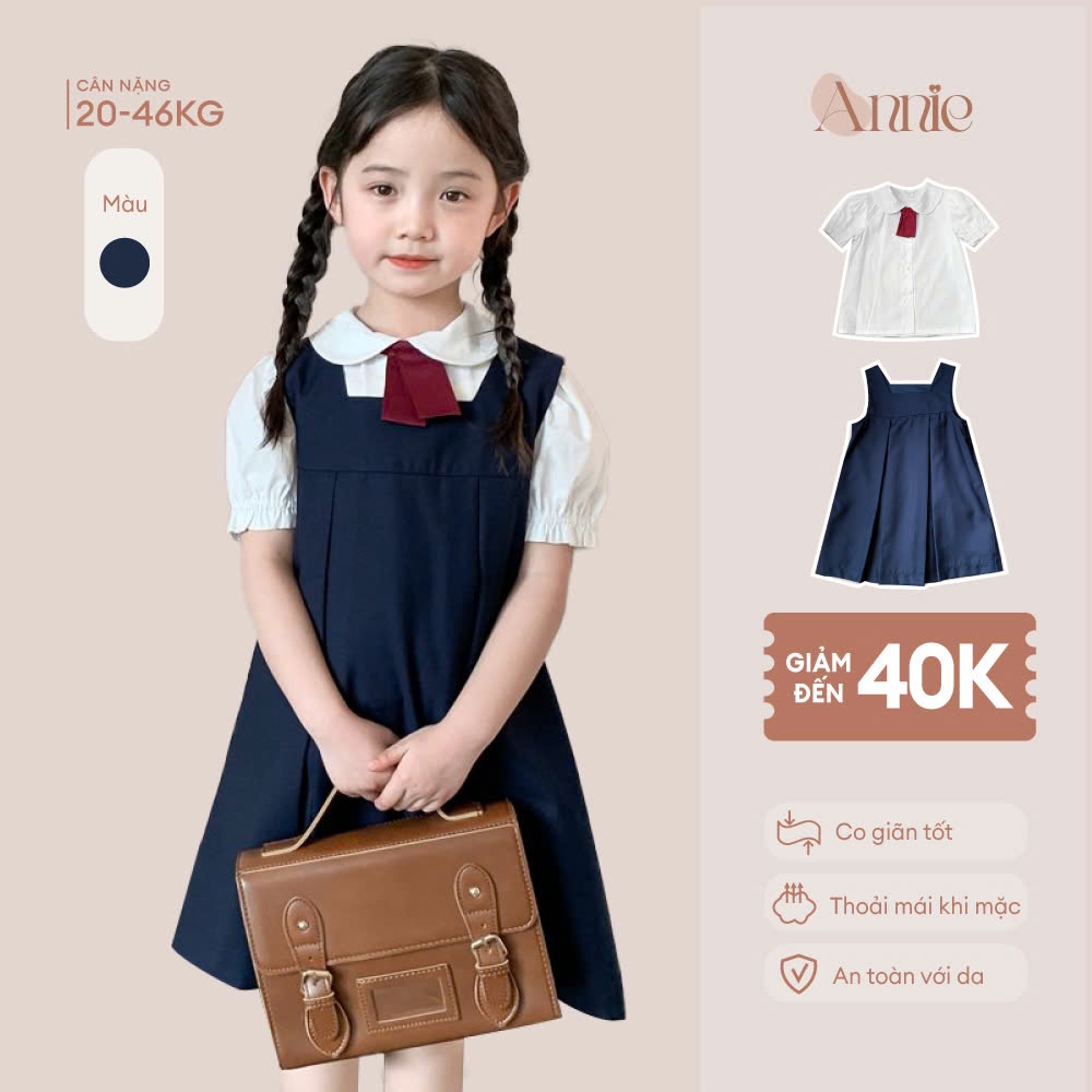 Set bộ đi học cho bé gái Annie baby gồm Áo sơ mi trắng (kèm nơ) kết hợp váy, đầm đồng phục học sinh có size 45Kg BD24051