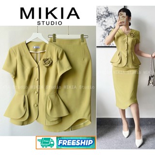 Set công sở nữ áo peplum mầu xanh cốm[KÈM HOA CÀI] MIKIA STUDIO MK171 áo kiểu nữ đẹp, áo công sở sang ,áo thiết kế ôm eo