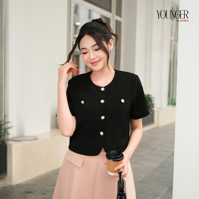 Áo kiểu nữ dáng croptop YOUNGER BY CARDINA chất chéo Hàn tay lỡ cổ tròn 5YAKK01