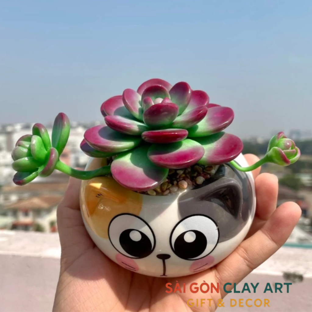 Sen đá bằng đất sét chậu mèo siêu cưng