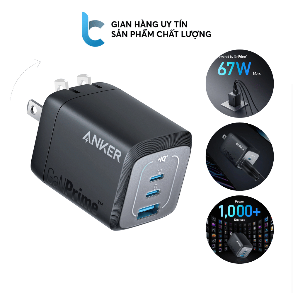 Củ Sạc Nhanh Anker Prime 67W GaN 2C1A A2669 Sạc 3 Thiết Bị Cùng Lúc Hỗ trợ PPS, PD, PowerIQ 4.0