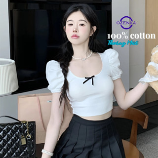 Áo croptop nữ cổ vuông vai siêu bồng cộc kiểu ôm body cotton đen trắng ozenka , áo crt thun mát mịn mặc hè đi chơi biển
