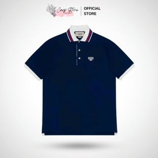 Áo Polo Nam Màu Xanh Than Cổ Trắng Viền Kèm Cúc Tay Bo Chất Liệu Cotton Co Giãn Thoáng Mát