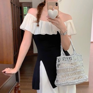  Áo len nữ áo len trễ vai phối tơ tiểu thư xẻ lai chất len mongtoghi mỏng hàng QCCC màu đen trắng xanh 