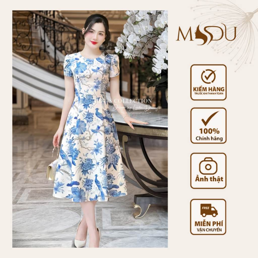 Váy Tiểu Thư MDU4528 Họa Tiết Hoa Xanh Pastel In Nổi Bật Trên Nền Vải Trắng Ngà Sang Trọng Từ MDU
