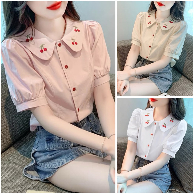 Áo sơ mi nữ tay ngắn Gloria Shop thêu hình cherry , Áo sơ mi nữ kiểu cổ tròn, chất vải đẹp, hàng côn