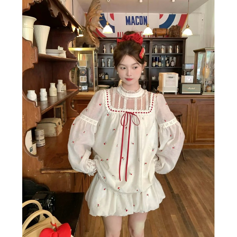 Set Áo Tay Bồng Cột Nơ Phối Quần Bí TIBU Set Đồ Nữ Dễ Thương Hoa Nhí Đỏ Trắng Đi Chơi Biển Phố B429 | BigBuy360 - bigbuy360.vn