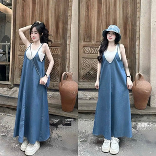  Váy yếm bò hai dây kèm áo thun bozip co dãn - Set váy jean dáng dài thời trang màu xanh phối áo thun tay ngắn đi biển xi 