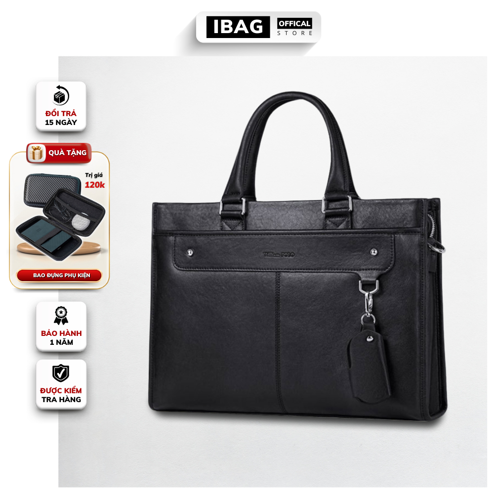 Cặp da công sở chính hãng William PoLo chất liệu da bò cao cấp cặp văn phòng đựng laptop 14 inh chống thấm nước- 𝑰𝑩𝑨𝑮