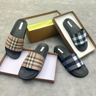 Dép lê nam quai ngang PB cao su non đúc quai hoạ tiết sọc kẻ nâu đen đế dập chữ full box boy phố DL54P