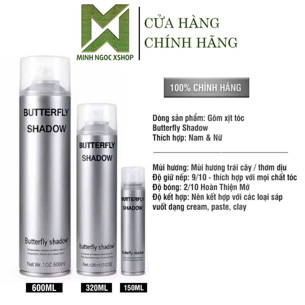 Gôm bạc xịt tóc giữ nếp tạo kiểu nam, nữ Butterfly Shadow 150ML - 320ML - 600ML