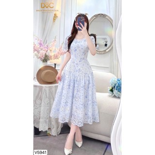 Váy Thiết Kế DVC - Váy Xòe Hoa Xanh Cổ Tròn, Cộc Tay V5941 - DOLCE VIVA COLLECTION