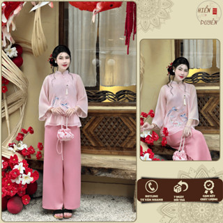 Set quần áo đi chùa chất vải voan tơ mềm mại thoáng mát, Đồ lam nữ thêu hạc thiết kế tôn dáng thanh lịch Hiền Duyên