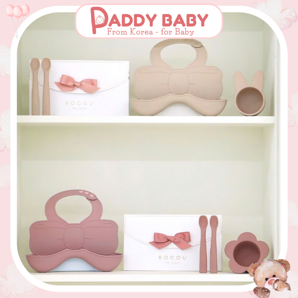 Set 4 món yếm kèm bát thìa ăn dặm Silicone cao cấp Rocou Hàn Quốc cho bé