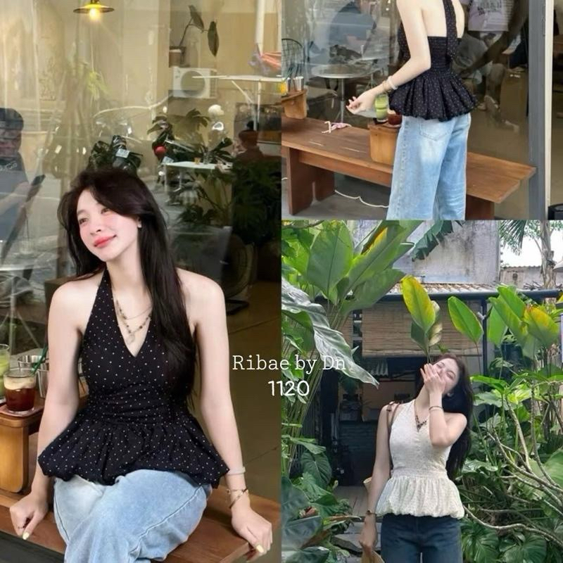 Áo cổ yếm hoạ tiết chấm bi có đệm mút dáng bí hở lưng chun sau siêu xinh dành cho nữ | BigBuy360 - bigbuy360.vn