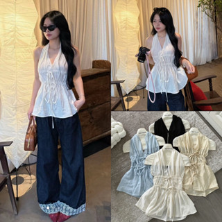(Hàng đẹp có sẵn) Áo cổ yếm tơ mỏng hở lưng mix dây nơ EMI TOP