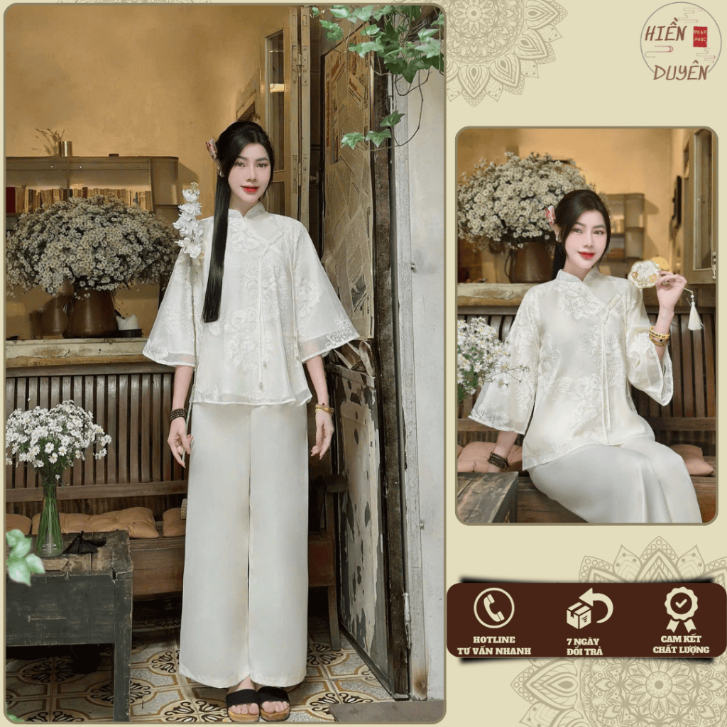 Bộ đồ đi chùa vải voan tơ thêu nổi cao cấp theo phong cách truyền thống, set đồ lam nữ cao cấp thanh