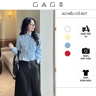 Áo Sơ Mi Dập Thân GAGO BRAND Dài Tay Nữ Kiểu Chất Gió Nhăn Cách Điệu Nút Dây Thắt GA5053
