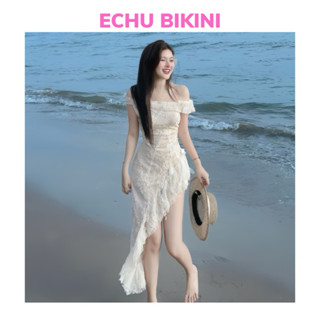  Bikini ECHU Đầm Ren Đi Biển Trễ Vai Xẻ Tà Có Sẵn Mút Đệm Kèm Quần Bảo Hộ 