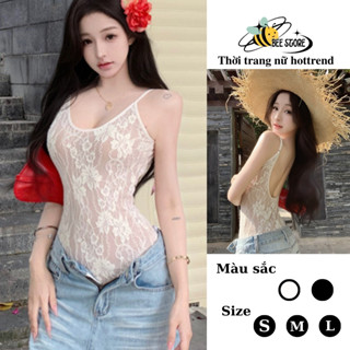 Body suit 2 dây ren cổ U dáng ôm body sexy, Áo kiểu nữ 2 dây jumpsuit hở lưng chất vải ren hoa thời trang đi biển