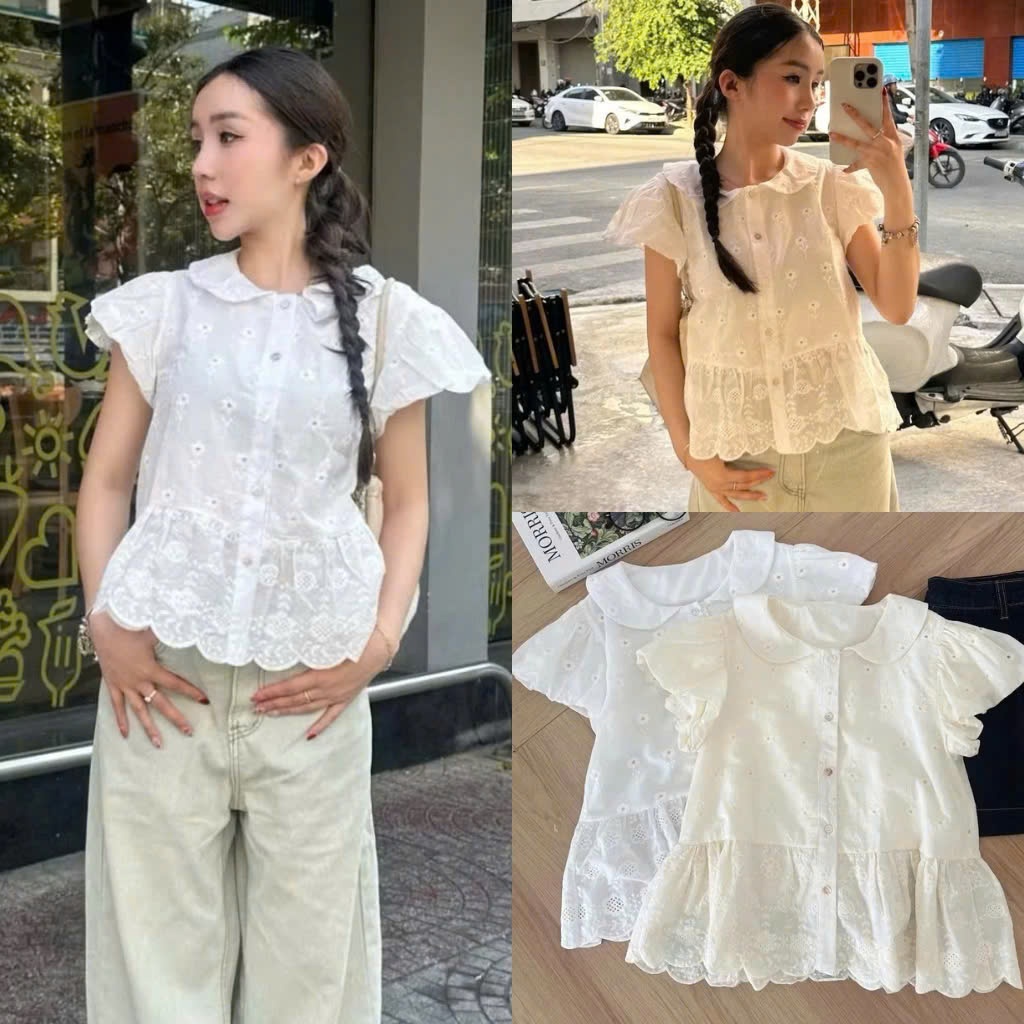 Áo babydoll chất thô boil cổ sen tay bồng áo babydoll vạt áo xòe áo cổ sen tay bồng trẻ trung Ao419