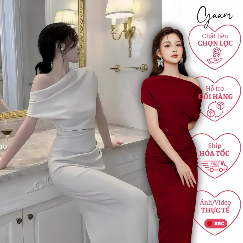 Đầm body lệch vai dáng dài màu kem sang chảnh, váy dự tiệc trễ vai quyến rũ Gaam store_G195
