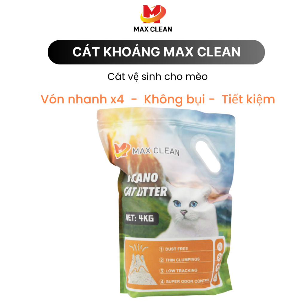 Cát Đá Khoáng Núi Lửa Volcanic Max Clean, máy vệ sinh cho mèo 4Kg siêu vón không bụi - Max Clean