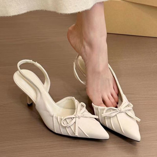 【Hình thật shop Giày cao gót nữ mũi nhọn ĐÍNH NƠ dây quai mẫu tiểu thư thanh lịch nhiều màu