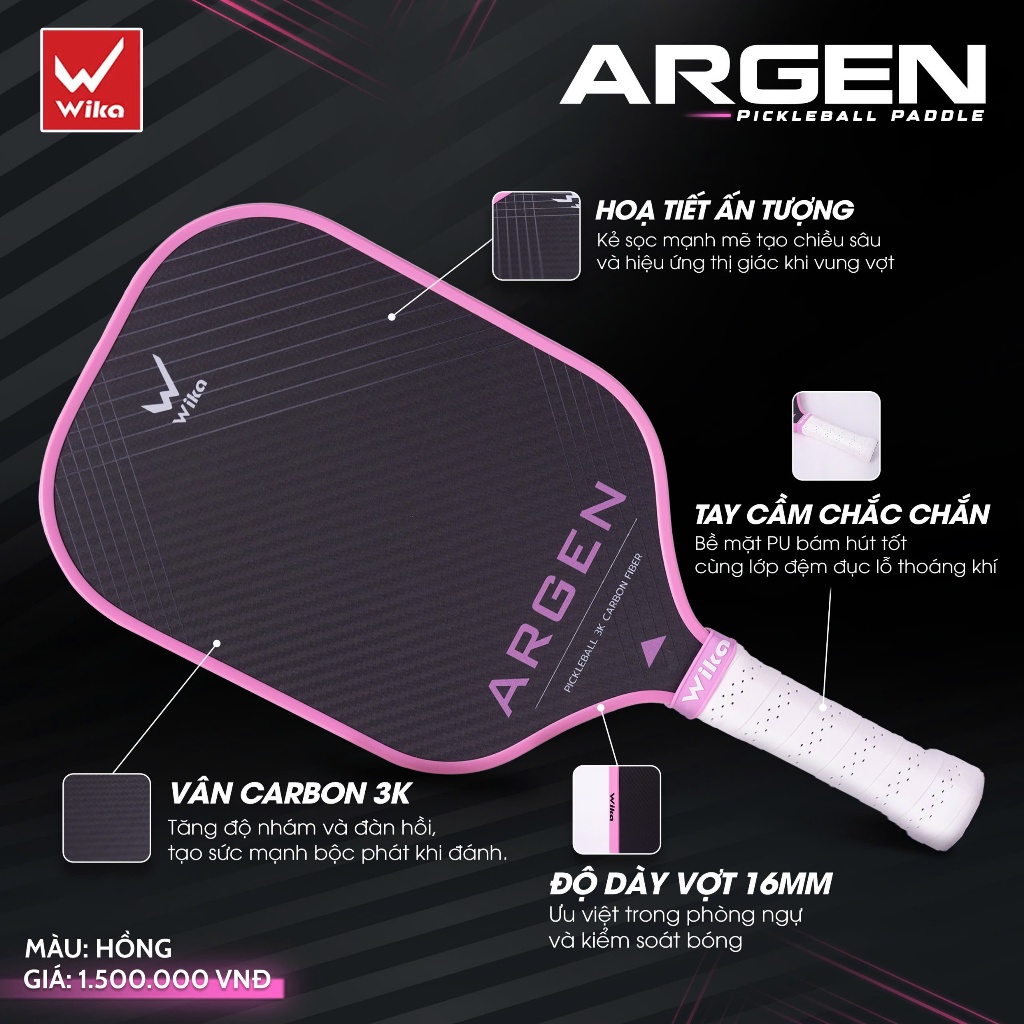 Vợt Pickleball Wika Argen 3K Carbon Fiber nhám lõi tổ ong PP 16mm chính hãng nguyên hộp cao cấp hồng