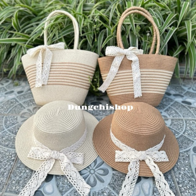 Combo túi kẻ sọc quai cói nhỏ + mũ vành nhỏ nơ ren (Tặng kèm nơ xinh)
