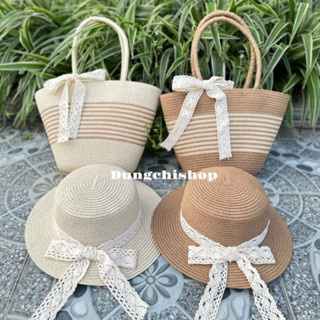 Combo túi kẻ sọc quai cói nhỏ + mũ vành nhỏ nơ ren (Tặng kèm nơ xinh)