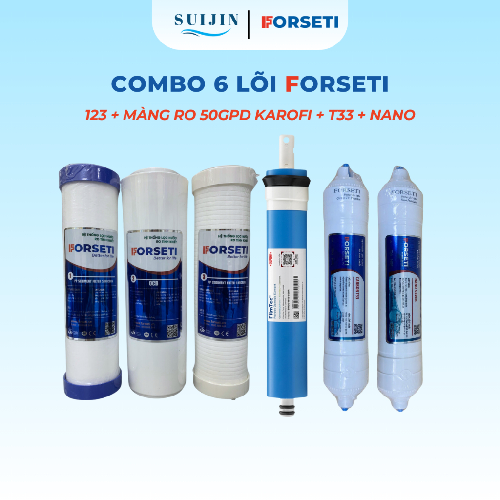 Bộ 6 Lõi Lọc Nước FORSETI Gồm 123 + Màng RO Kangaroo/Màng RO Sunhouse/Màng RO 50GPD Karofi + Carbon 