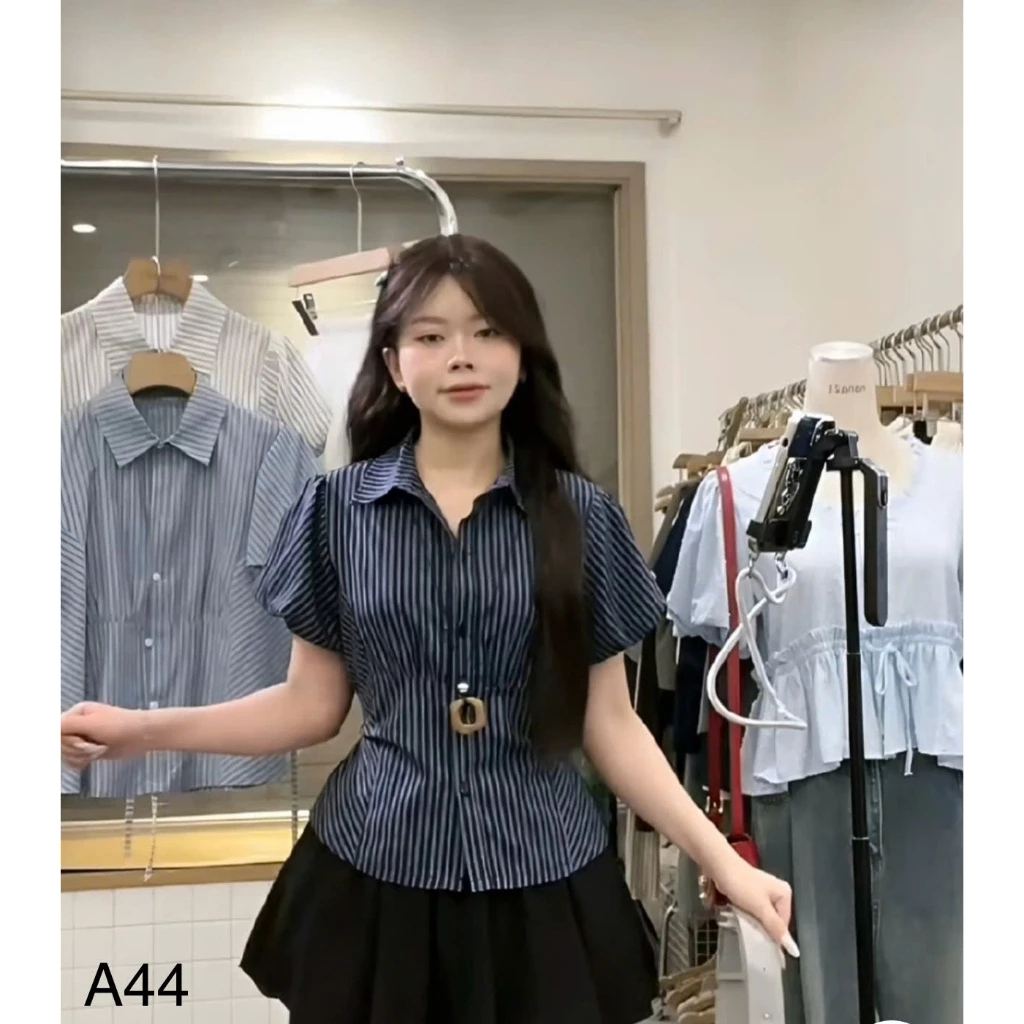 Áo sơ mi kẻ  tay bồng, Ao sơ mi nữ cộc tay chiết eo lên dáng cực xinh