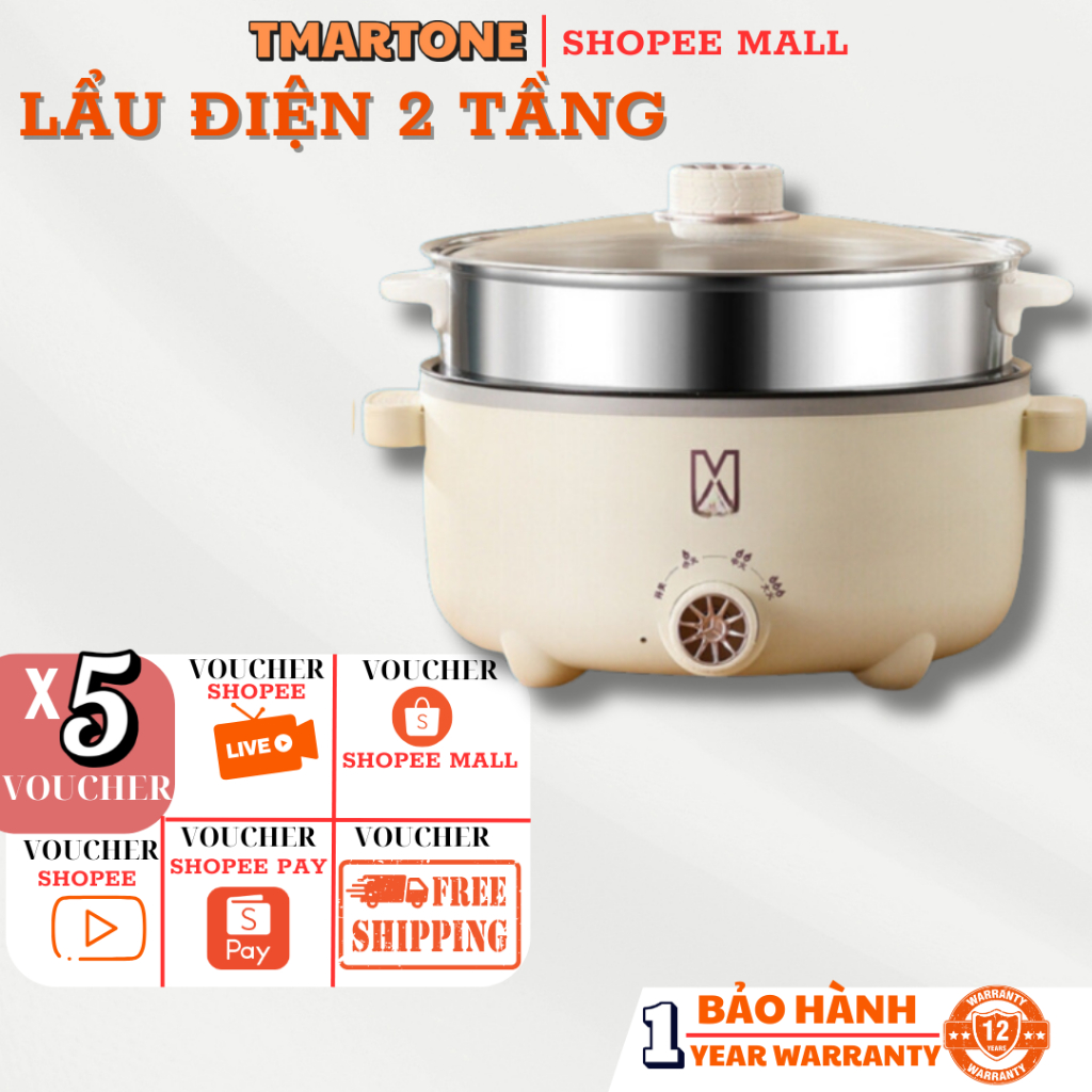 Nồi Lẩu Điện Đa Năng 2 Tầng kèm giá hấp 28 cm tráng men chống dính công suất 1000W, BH 12 tháng.