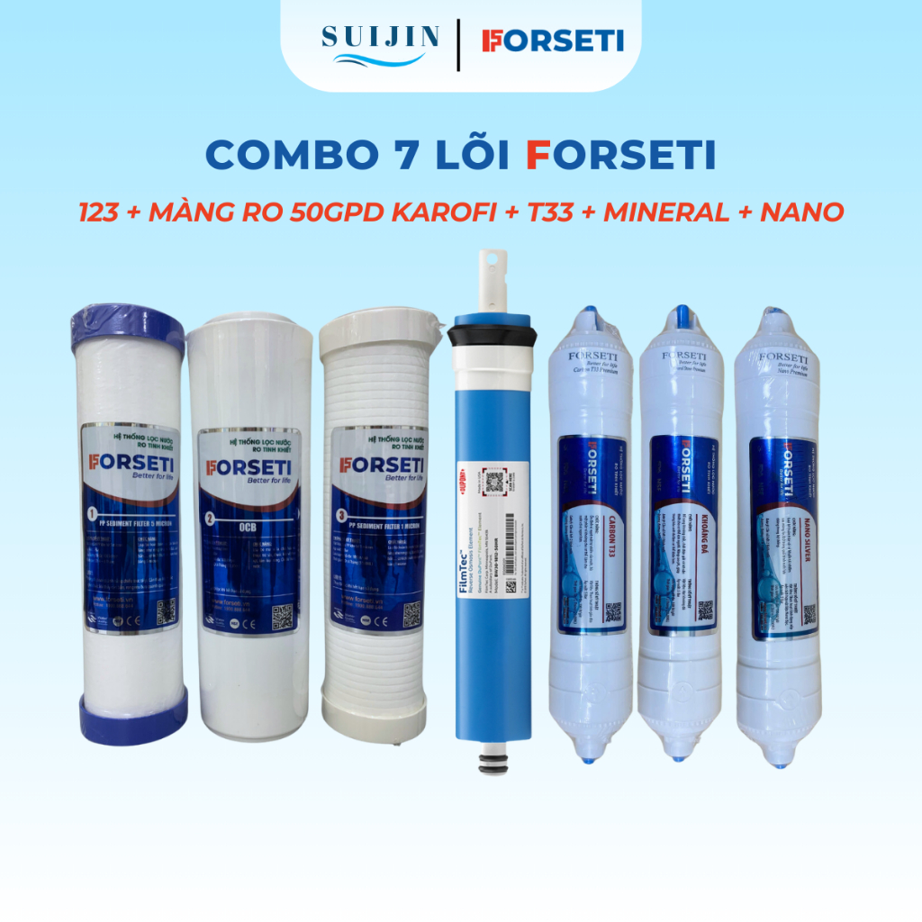 Bộ 7 Lõi Lọc Nước FORSETI Gồm 123 + Màng RO Kangaroo/ Màng RO Sunhouse/ Màng RO50 Karofi + Carbon T3