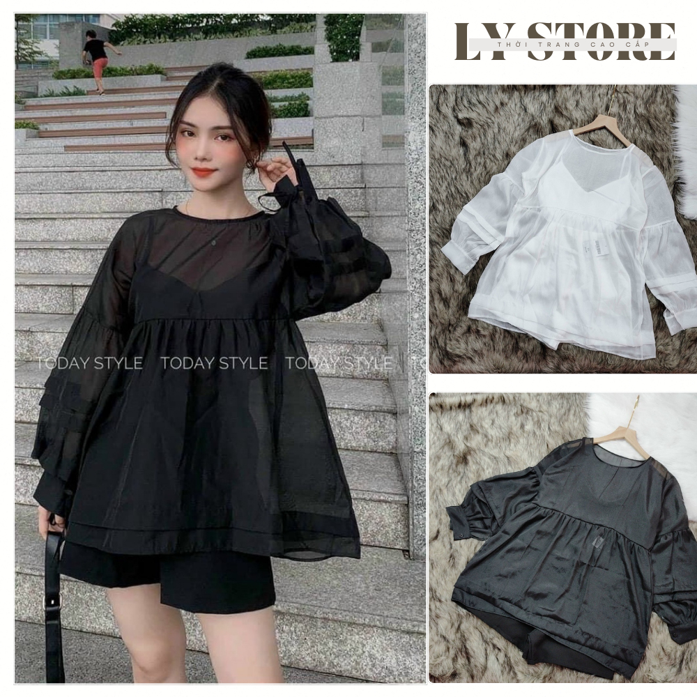 Set 3 món Babydoll, Áo Babydoll tay phồng chất voan 2 màu trắng đen form rộng