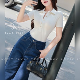 T02 - Áo Tay Ngắn Cổ Sơ Mi Phối Nút Ôm Dáng Hack Eo Sâu Vải Gân Đũa Lụa - Ngọc Lucie