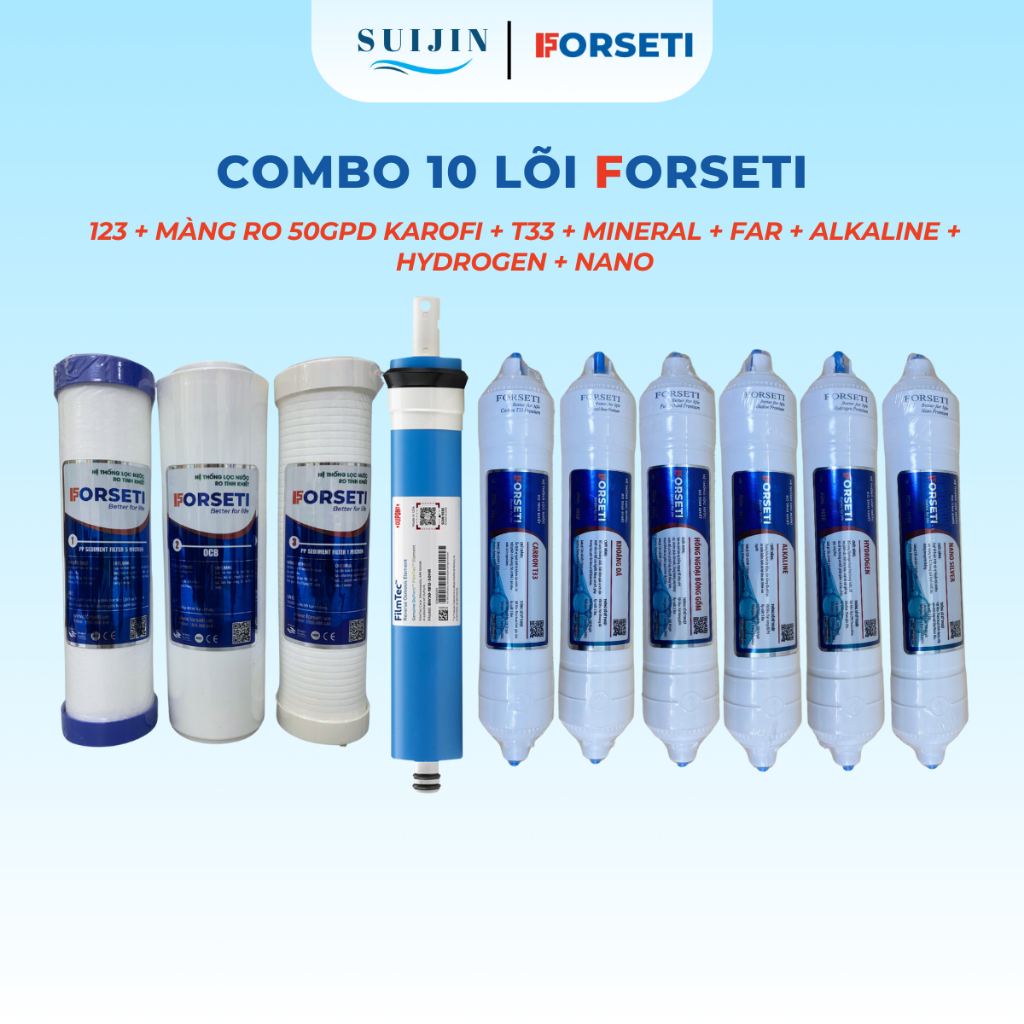 Bộ 10 Lõi Lọc FORSETI Gồm 123 + Màng RO Kangaroo/ Màng RO Sunhouse/ Màng RO 50GPD Karofi + Lõi Chức 