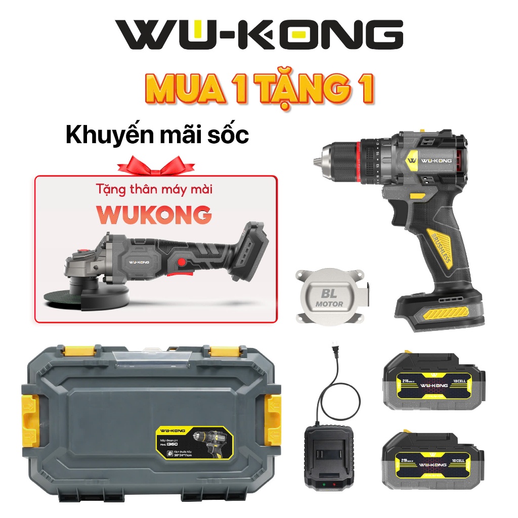 Khoan Wukong 1360 13mm 60Nm 21V 3 chức năng, tặng kèm Thân Mài chống sốc đá, chống khởi động lại, ch