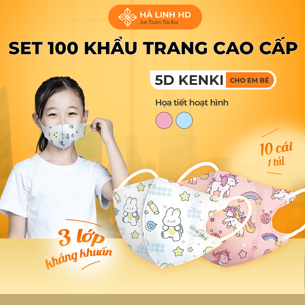  Thùng 100 cái khẩu trang 5D cho bé 0-8 tuổi Kenki Thái Lan 3 lớp kháng khuẩn mềm mại ôm trọn mặt bé 
