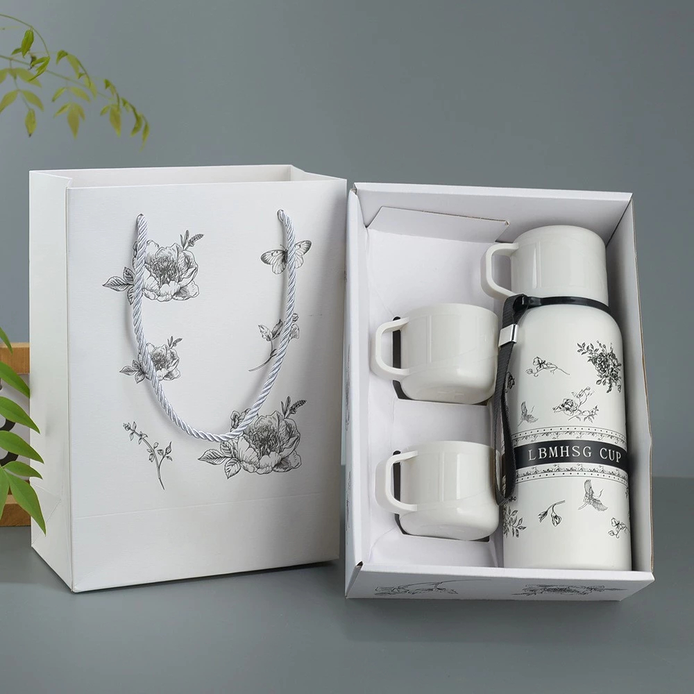 Bình Nước Giữ Nhiệt 600ml Inox 316 Họa Tiết Hoa Tặng Kèm 2 Cốc -bình nước giữ nhiệt đa năng có khay 