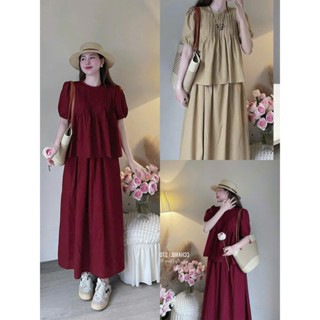 Set váy đủi cao cấp mát mẽ mùa hè áo cổ tròn tay búp bê chân váy dáng dài xoè dễ thương lịch sự kính đáo
