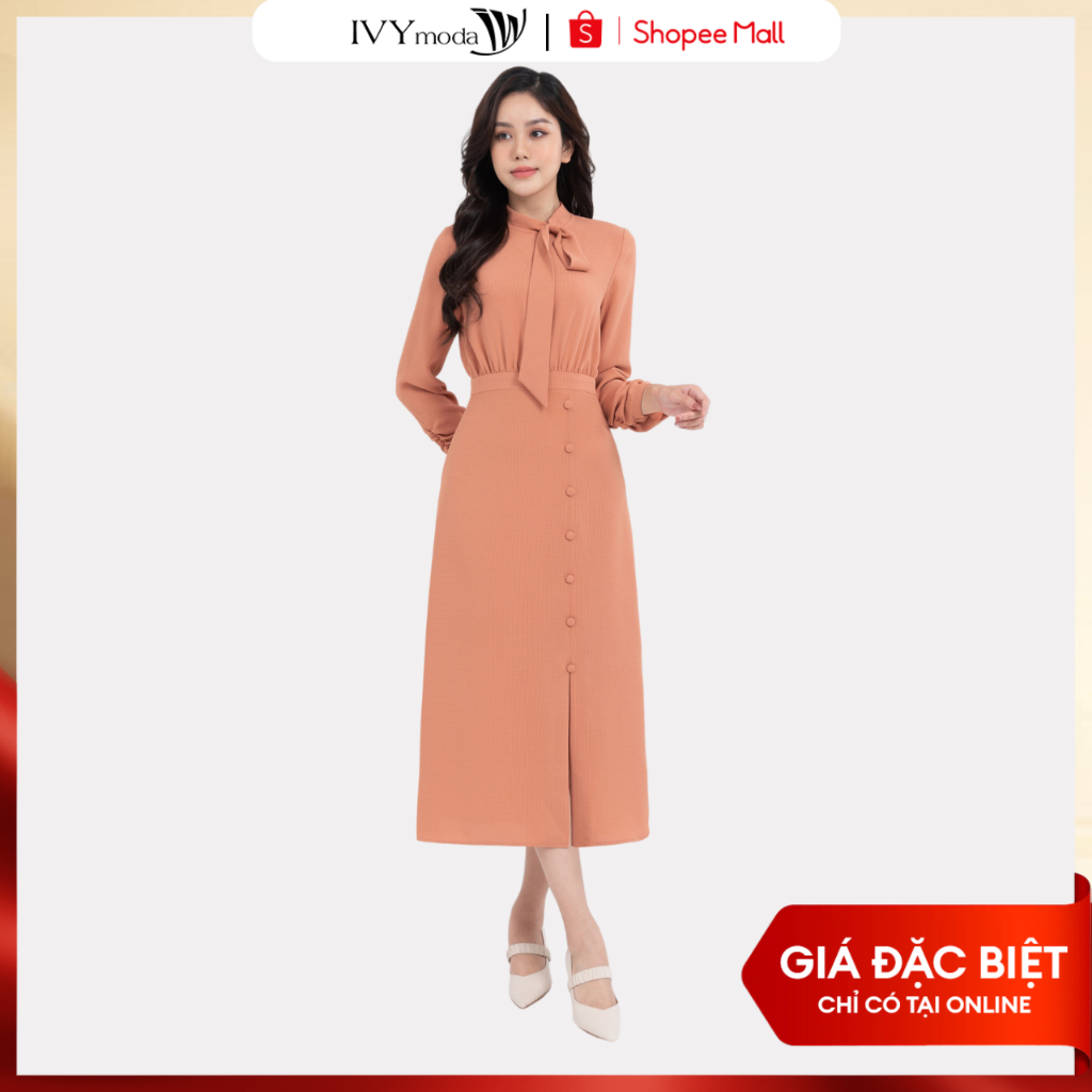 [ OUTLET KHÔNG ĐỔI TRẢ ] Đầm lụa maxi cổ nơ nữ IVY moda MS 48M7957