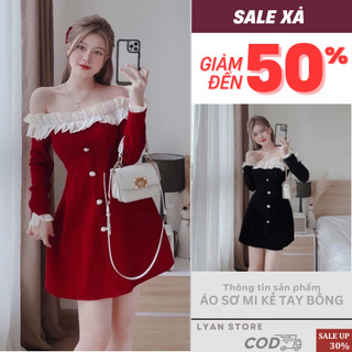 Váy Nhung Nữ Trễ Vai Phối Voan Nhún Bèo Dáng Xòe, đầm nhung thiết kế trễ vai phối khuy đồng siêu xinh