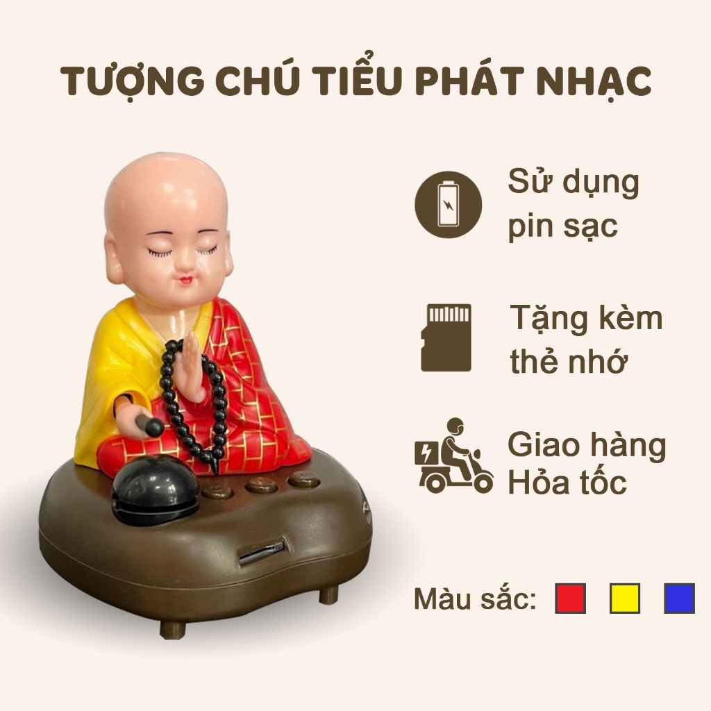 (Có Thẻ Nhớ) Tượng Phật Chú Tiểu Gật Đầu Gõ Mõ Tụng Kinh Phát Nhạc Dùng Pin Sạc