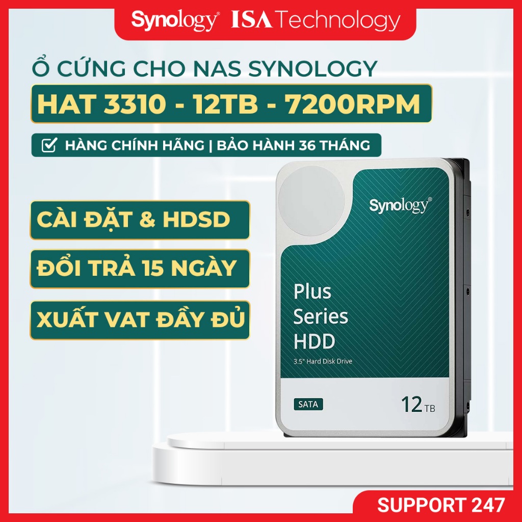 Ổ cứng HDD HAT3310 12TB dành cho NAS Synology - 7200rpm, 512MB cache, SATA 6Gb/s, bảo hành 36 tháng