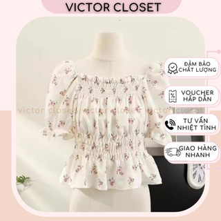 Áo Kiểu Babydoll, Áo Tay Bồng Cổ Vuông Kiểu Pháp Áo Trễ Vai Tay Ngắn Bo Chun Dáng Croptop Hoa Nhí - Victorcloset