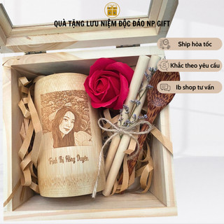 Set quà tặng - Full bộ cốc tre, muỗng, ống hút và hộp quà (Khắc theo yêu cầu) - Quà sinh nhật nam nữ
