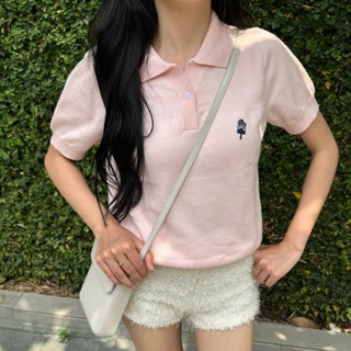 Áo Polo Dệt Kim ICEPOP Calem Club họa tiết Thêu Mini vải trơn form nữ