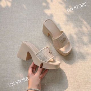 Dép đế xuồng nữ quai vải hoa văn đính nơ bản ngang kiểu dáng quý cô thanh lịch USD065 Un Store